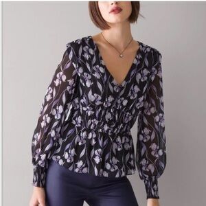 Iris print White House Black Market peplum blouse gathered waist